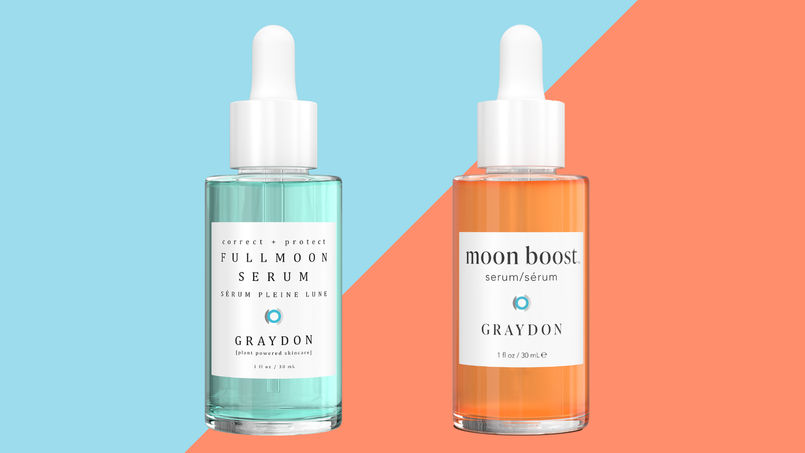 Bottle of Graydon Skincare Fullmoon Serum and Moon Boost Serum on a blue and orange background.