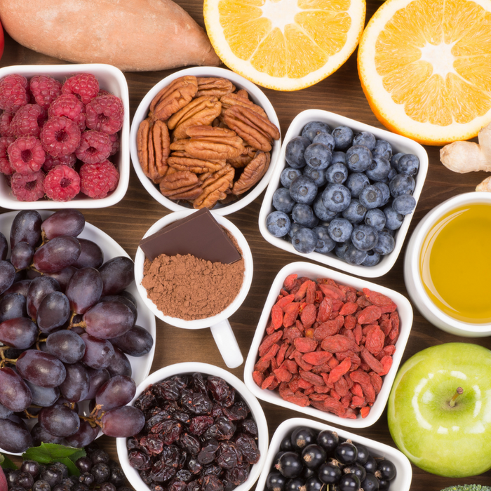 Colourful display of antioxidant-rich fruits and vegetables